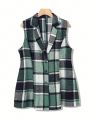 Women's Plus Size Square Collar Checkered Buttoned Vest Coat