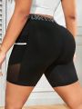 Plus Letter Graphic Mesh Insert Sports Shorts With Phone Pocket