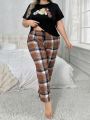 Plus Size Cartoon Printed Short-Sleeved T-Shirt And Plaid Pants Pajamas Set