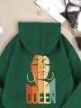 Women's Green Hooded Regular Fit Printed Sweatshirt