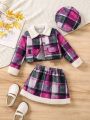 Toddler Girls' Fuzzy Decorated Plaid Jacket And Skirt Set For Autumn/winter