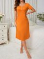 Women's Solid Color Sleep Dress With Round Neckline And Button Design, All-match Style