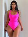 SHEIN Swim BAE Women's Rose Pink Elegant And Sexy One-piece Swimsuit