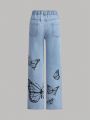 Tween Girl Butterfly Print Straight Leg Jeans