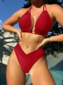 SHEIN Swim Summer Beach Solid Halter Triangle Bikini Set