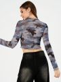 Forever 21 Women's Camouflage Printed Stand Collar Cropped Top