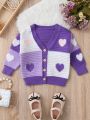 Baby Girls' Color Block Heart Pattern Cardigan Sweater