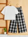 SHEIN Tween Girls' Loose Fit Cartoon Printed T-Shirt And Plaid Pants Casual 2pcs/Set