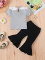 SHEIN 2pcs Baby Girls' Casual Wear Striped Top With Doll Collar & Basic Flared Trousers Spring/Summer Outfits