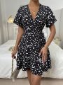 SHEIN LUNE Dalmatian Print Flounce Sleeve Ruffle Trim Wrap Knot Side A Line Dress