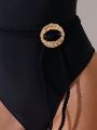 SHEIN Swim Chicsea Women'S Deep V Metal Ring Embellished One-Piece Swimsuit