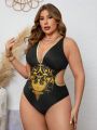 SHEIN Swim BohoFeel Plus Size Women'S Floral Print Hollow Out Waist One-Piece Swimsuit