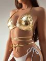 SHEIN Swim Y2GLAM Women's Metallic Fabric Halter Neck Bikini Top