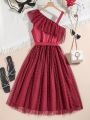 Teenage Girls' Mesh Splice Ruffle Hem Spaghetti Strap Dress