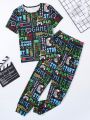 Little Boys' Letter Printed Short Sleeve Top And Shorts Home Outfit Set