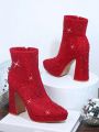 Rhinestone Block Heel Ankle Boots