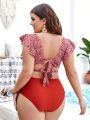 SHEIN Swim Classy Plus Size Printed Swimwear Set With Ruffled Hem And Back Knot Design