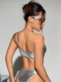 SHEIN Swim Y2GLAM One Shoulder Metallic Silver Swimsuit Top