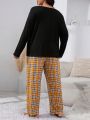 Plus Size Autumn & Winter Letter Printed Yellow Plaid Long Sleeve Long Pants Pajama Set