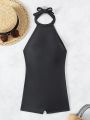 SHEIN Swim Vcay Backless Halter Neck Strap One Piece Swimsuit