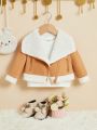 SHEIN Infant Girls' Casual Thick Jacket With Faux Suede Patchwork