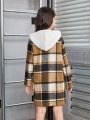 SHEIN Tween Girl Plaid Print Hooded Neck Dual Pocket Coat