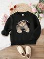 Young Girl Cat Print Thermal Lined Sweatshirt