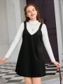 Teenage Girls' Striped Half High-neck T-shirt & Corduroy Overall Skirt Set