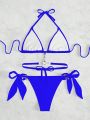 SHEIN Swim Summer Beach Rhinestone Decor Halter Triangle Bikini Set