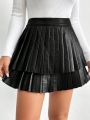 SHEIN Privé Women's Black Pleated Leather Mini Skirt