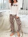 Leopard Print Heart Pattern Twinset Milk Silk Pajamas
