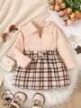 SHEIN Baby Girls' Casual Elegant Academy Style Vintage Plaid Dress With Turn-down Collar & Bow Decor For Autumn/winter