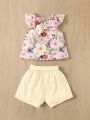 SHEIN Baby Girl Printed Floral Sleeveless Top + Shorts Set