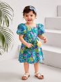 SHEIN Baby Girls' Casual Square Neck Bubble Short Sleeve Dress With Floral Pattern