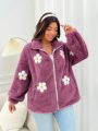 SHEIN Qutie Women's Plus Size Cute Purple Flower Furry Jacket