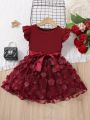 SHEIN Kids CHARMNG Young Girl Burgundy Solid Color 3d Flower Romantic Holiday Round Neck Dress With Ruffled Sleeves For Summer