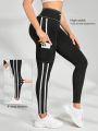 Women's Side Striped Decor & Pocket Design Sports Leggings