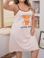 Plus Bear & Letter Graphic Contrast Binding Cami Nightdress