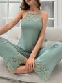 Women's Lace Splicing Halter Top And Long Pants Pajama Set