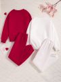 SHEIN Tween Girl 2sets Heart Patched Thermal Lined Pullover & Sweatpants