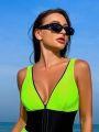 SHEIN Swim SPRTY Women'S Deep V-Neck Color Block One-Piece Swimsuit