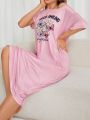 Women's Nightdress With Flower And Word Pattern