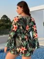 SHEIN Swim Vcay Plus Size Tropical Print Kimono Dress With Bell Sleeves And Drawstring Waist