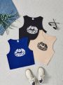 SHEIN Kids EVRYDAY Girls' Knitted Letter Print Round Neck Vest, 3pcs/set