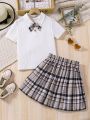 SHEIN Kids SUNSHNE Tween Girls' Korean Style Butterfly Print Crop Top And Plaid Skirt Two Piece Set