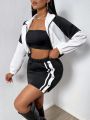 SHEIN SXY Women's Color Block Zipper Front Jacket And Side Striped Skirt Two-piece Set