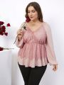 SHEIN Clasi Plus Size Lace Patchwork Long Sleeve Shirt With Drawstring Waist
