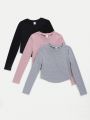 SHEIN Kids EVRYDAY Tween Girls' Knitted Solid Slim Fit Round Neck Casual T-Shirt (Pack Of 3)