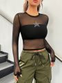 SHEIN Coolane Women's Sheer Star Printed Mesh Slim Fit Cropped Top