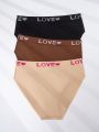 3pcs Plus Size Seamless Underwear With Letter And Heart Patterns